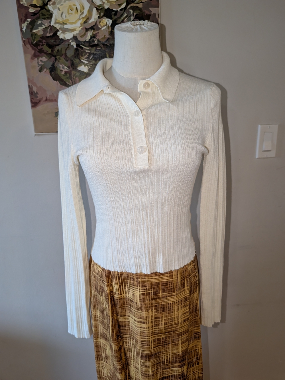 Y2K Smart Set Cream Ribbed Linen Blend Polo-Style Sweater